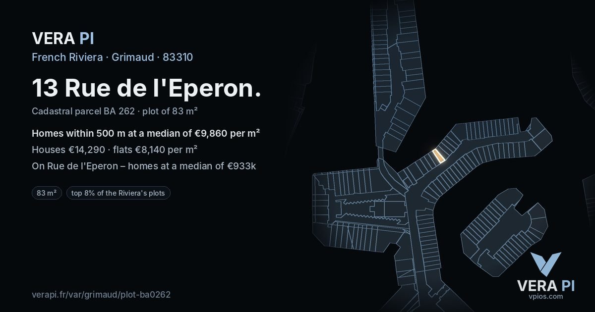 13 Rue de l'Eperon, Grimaud at night – the plot lit, the parcels around coloured by the prices near them