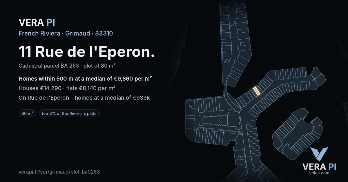 11 Rue de l'Eperon, Grimaud at night – the plot lit, the parcels around coloured by the prices near them