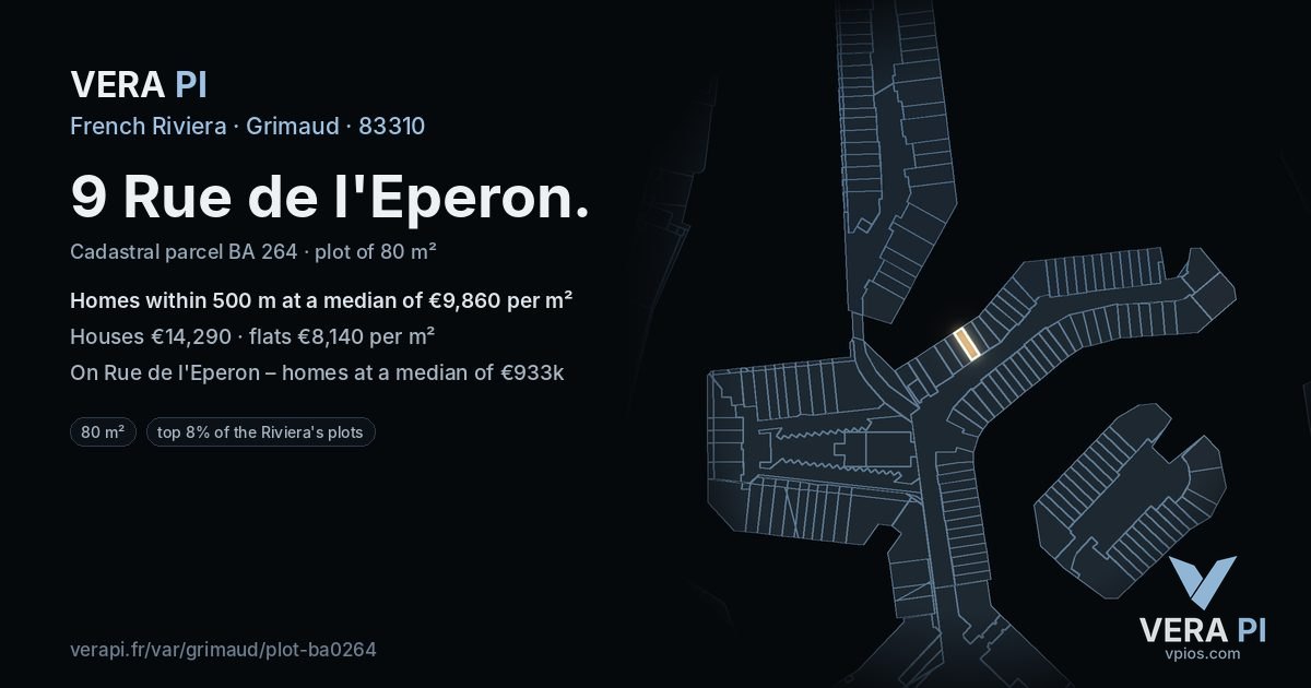 9 Rue de l'Eperon, Grimaud at night – the plot lit, the parcels around coloured by the prices near them