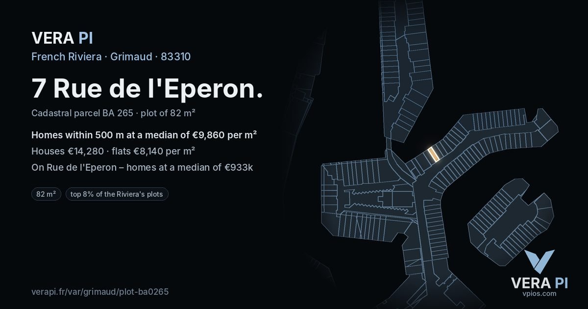 7 Rue de l'Eperon, Grimaud at night – the plot lit, the parcels around coloured by the prices near them