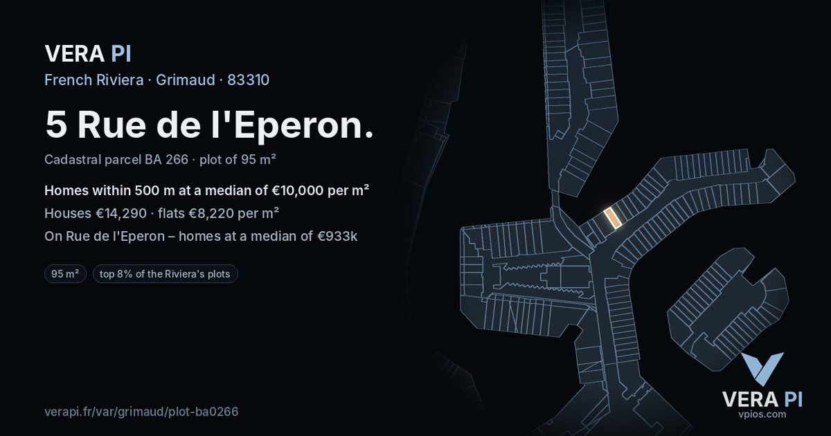 5 Rue de l'Eperon, Grimaud at night – the plot lit, the parcels around coloured by the prices near them
