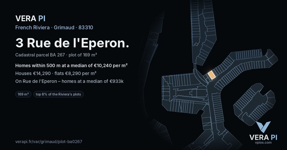 3 Rue de l'Eperon, Grimaud at night – the plot lit, the parcels around coloured by the prices near them