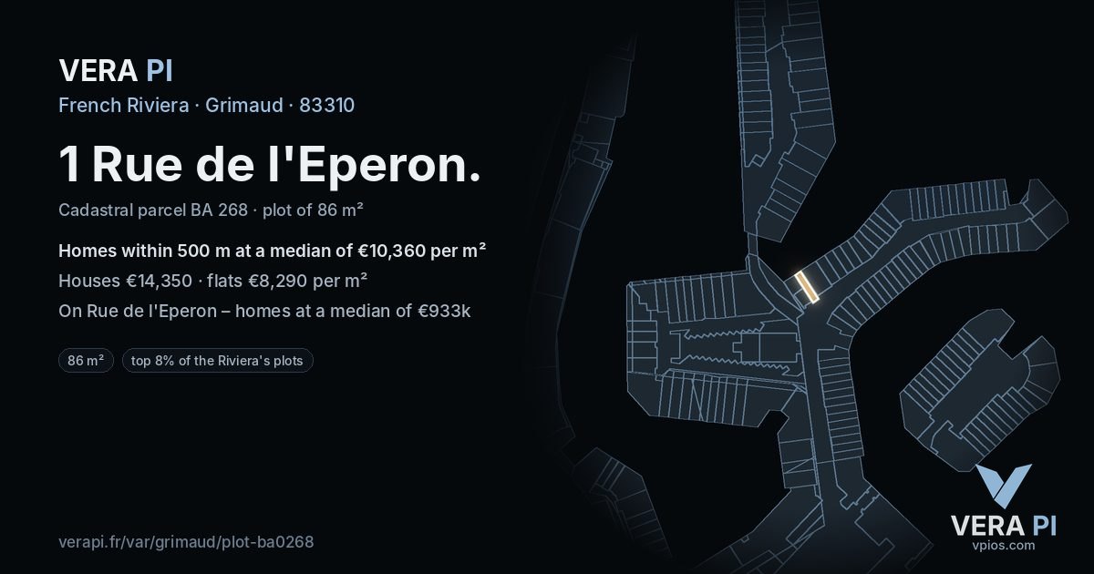 1 Rue de l'Eperon, Grimaud at night – the plot lit, the parcels around coloured by the prices near them