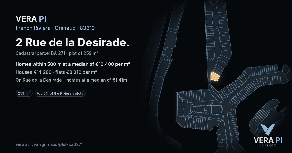 2 Rue de la Desirade, Grimaud at night – the plot lit, the parcels around coloured by the prices near them
