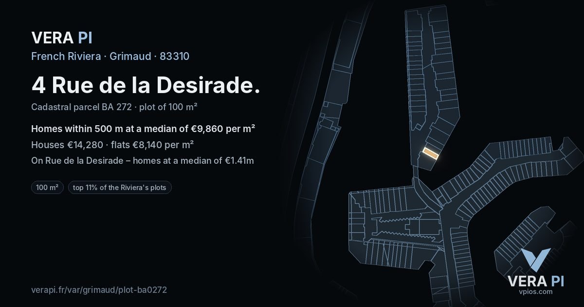 4 Rue de la Desirade, Grimaud at night – the plot lit, the parcels around coloured by the prices near them