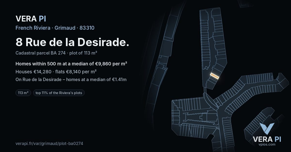 8 Rue de la Desirade, Grimaud at night – the plot lit, the parcels around coloured by the prices near them