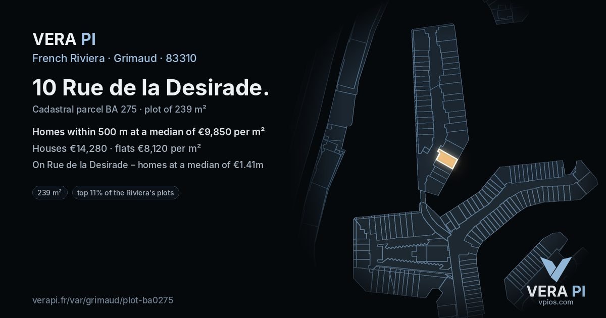 10 Rue de la Desirade, Grimaud at night – the plot lit, the parcels around coloured by the prices near them