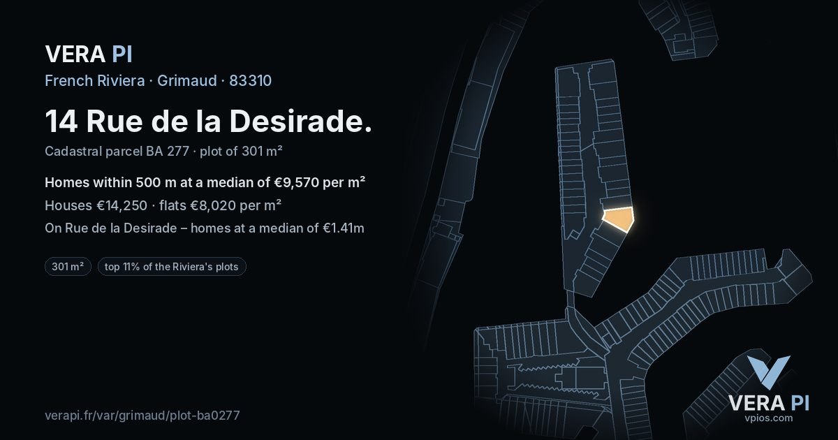 14 Rue de la Desirade, Grimaud at night – the plot lit, the parcels around coloured by the prices near them