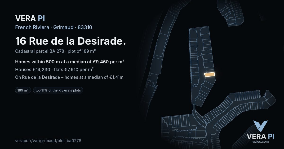16 Rue de la Desirade, Grimaud at night – the plot lit, the parcels around coloured by the prices near them