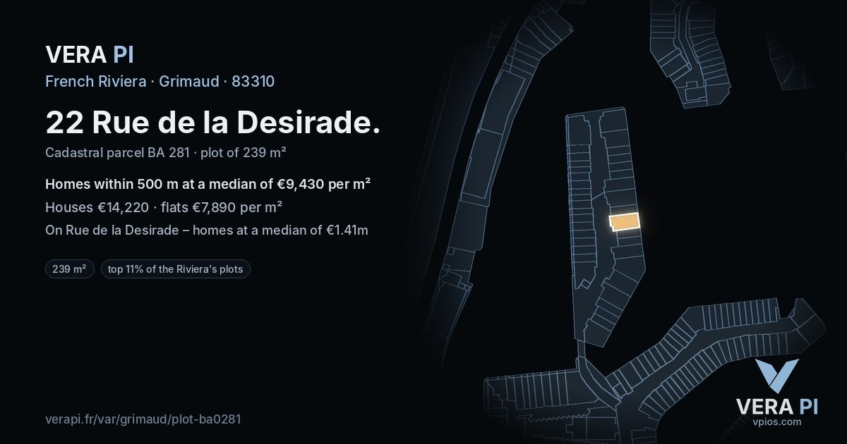 22 Rue de la Desirade, Grimaud at night – the plot lit, the parcels around coloured by the prices near them