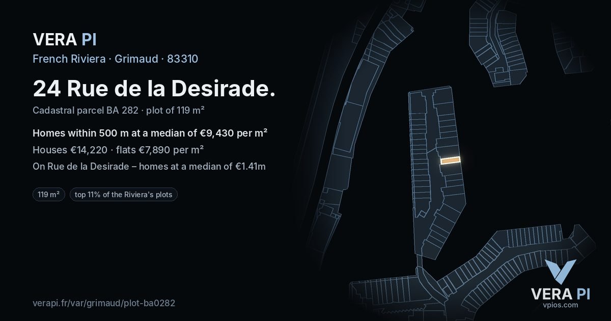 24 Rue de la Desirade, Grimaud at night – the plot lit, the parcels around coloured by the prices near them