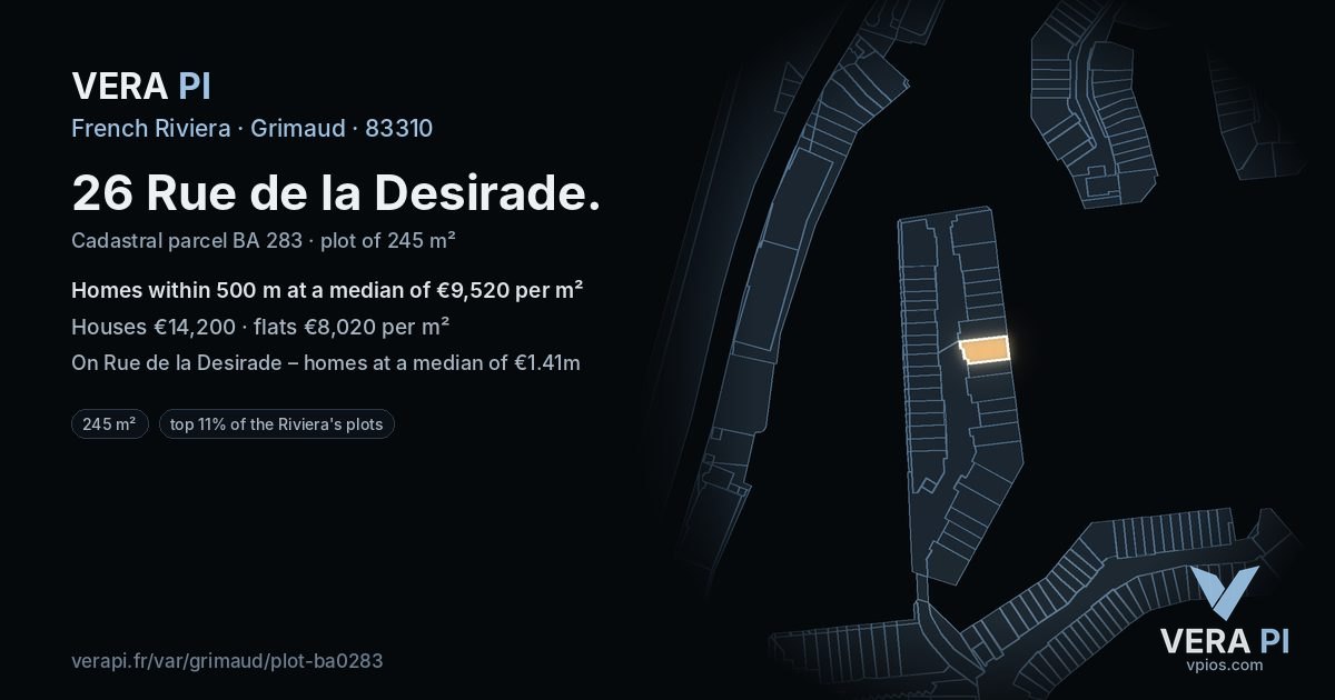 26 Rue de la Desirade, Grimaud at night – the plot lit, the parcels around coloured by the prices near them