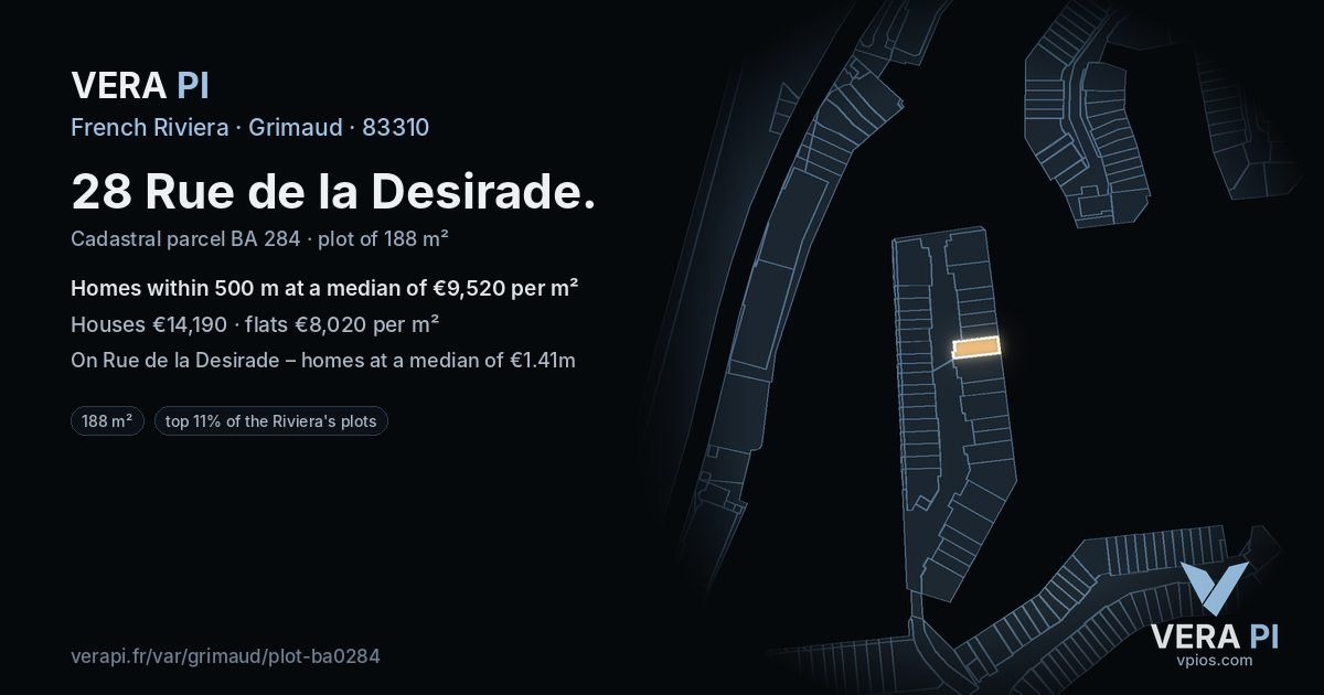 28 Rue de la Desirade, Grimaud at night – the plot lit, the parcels around coloured by the prices near them