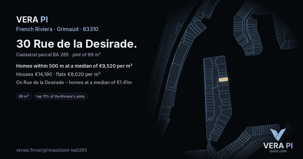 30 Rue de la Desirade, Grimaud at night – the plot lit, the parcels around coloured by the prices near them