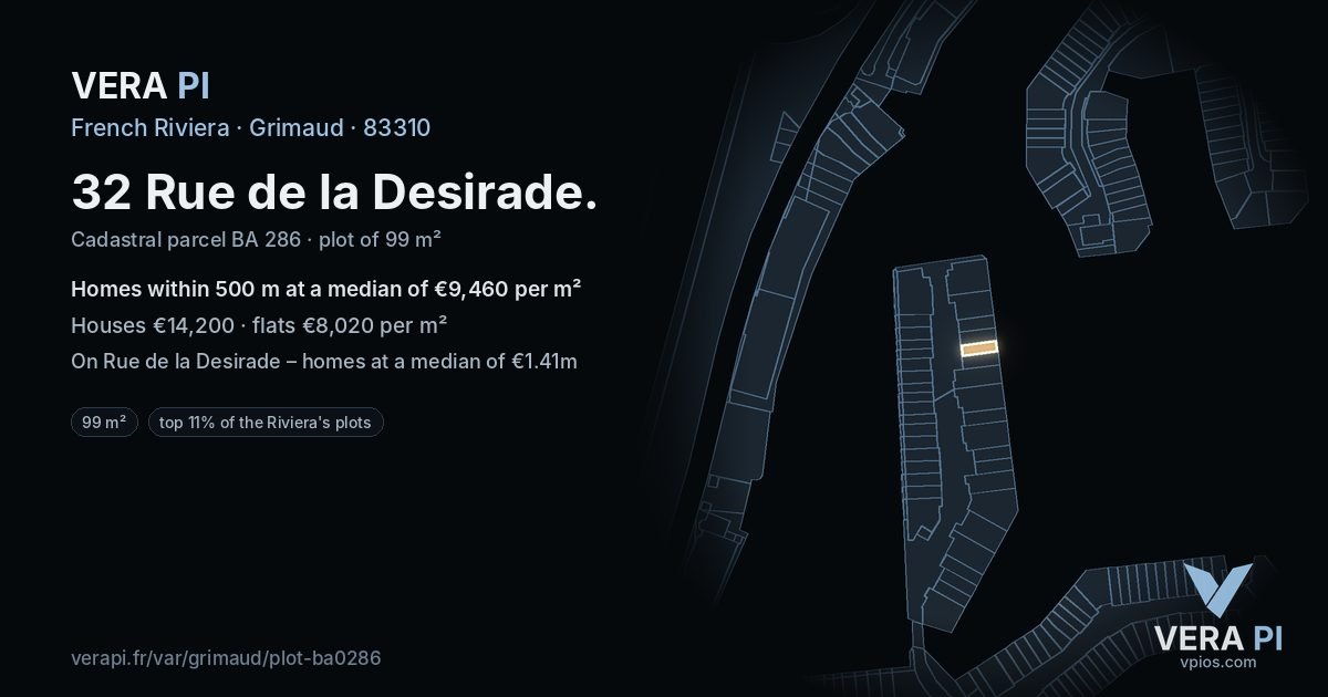 32 Rue de la Desirade, Grimaud at night – the plot lit, the parcels around coloured by the prices near them