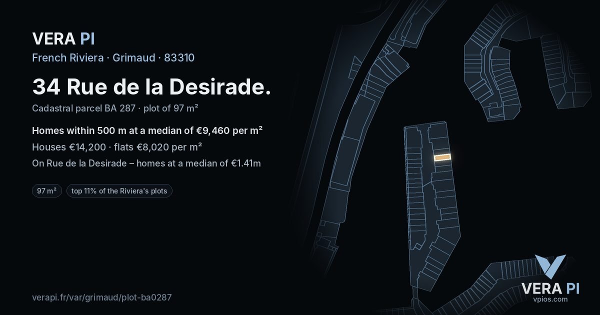 34 Rue de la Desirade, Grimaud at night – the plot lit, the parcels around coloured by the prices near them