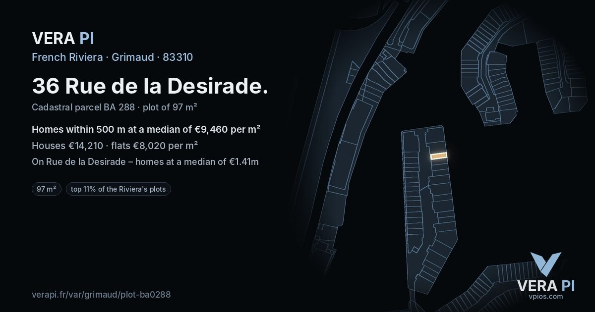 36 Rue de la Desirade, Grimaud at night – the plot lit, the parcels around coloured by the prices near them