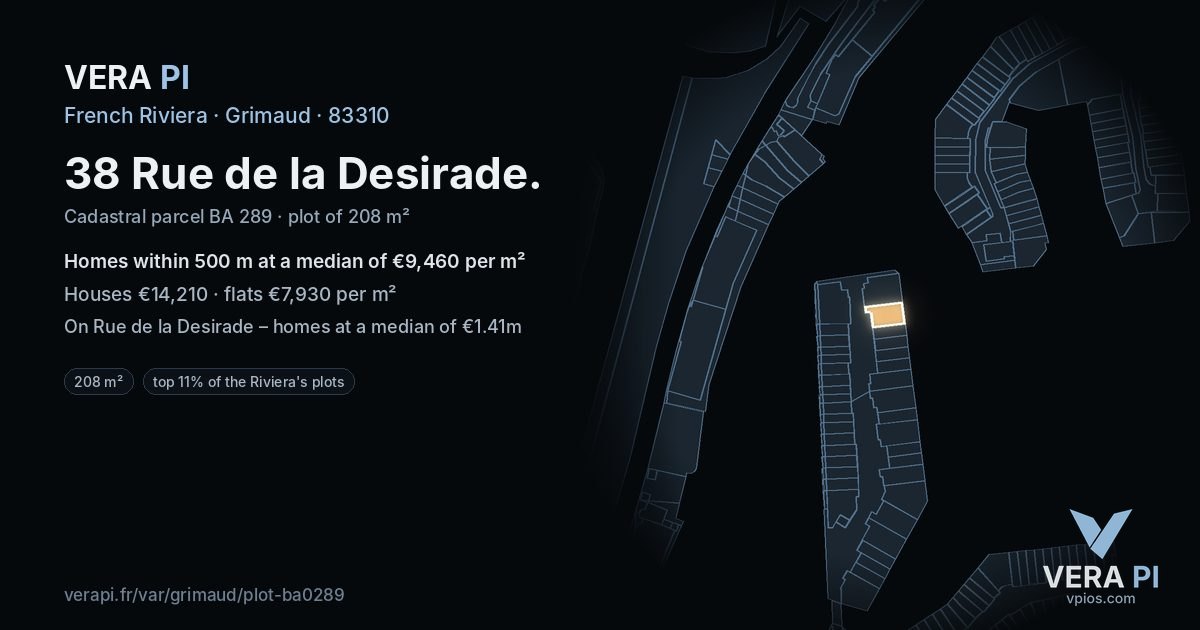 38 Rue de la Desirade, Grimaud at night – the plot lit, the parcels around coloured by the prices near them