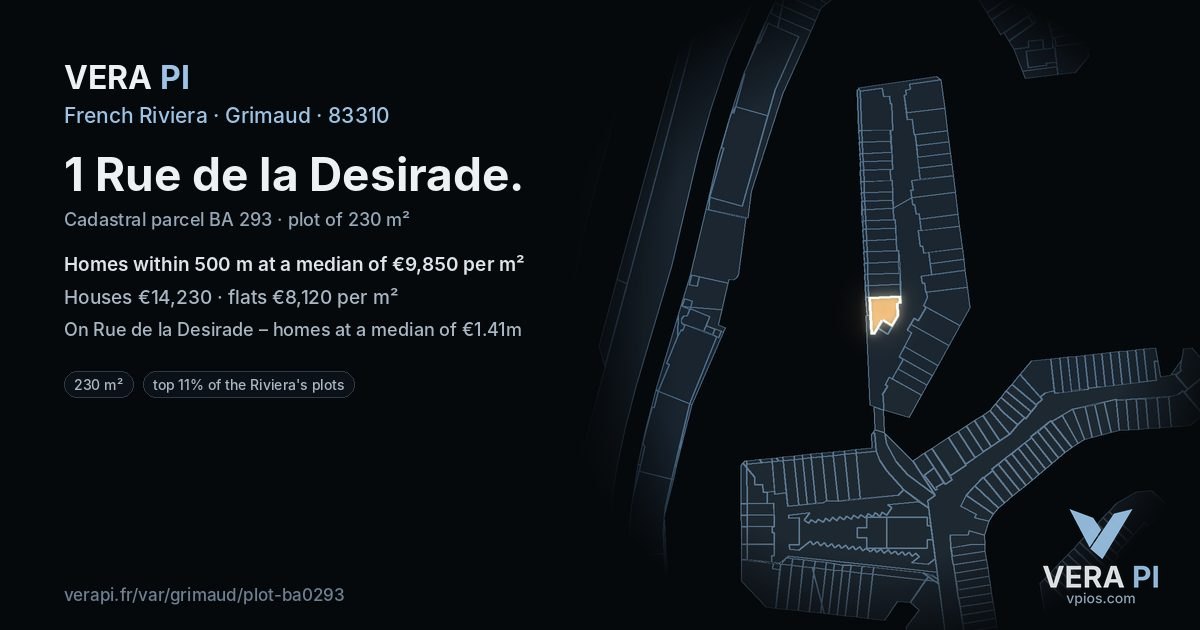 1 Rue de la Desirade, Grimaud at night – the plot lit, the parcels around coloured by the prices near them