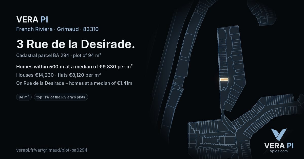 3 Rue de la Desirade, Grimaud at night – the plot lit, the parcels around coloured by the prices near them