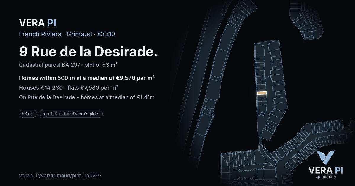 9 Rue de la Desirade, Grimaud at night – the plot lit, the parcels around coloured by the prices near them