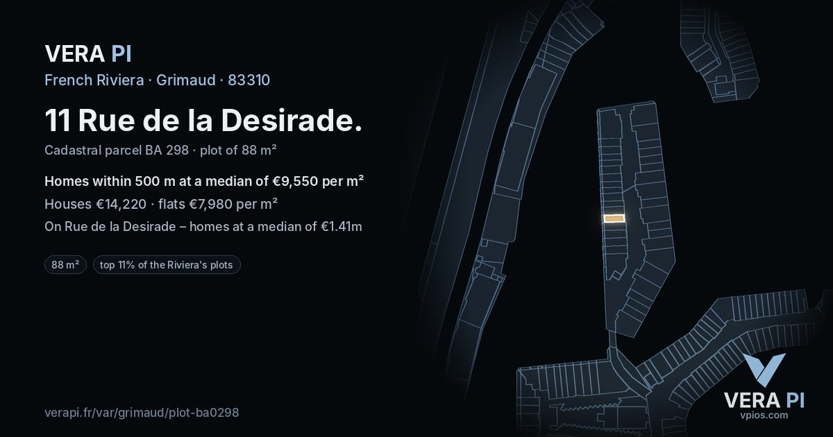 11 Rue de la Desirade, Grimaud at night – the plot lit, the parcels around coloured by the prices near them