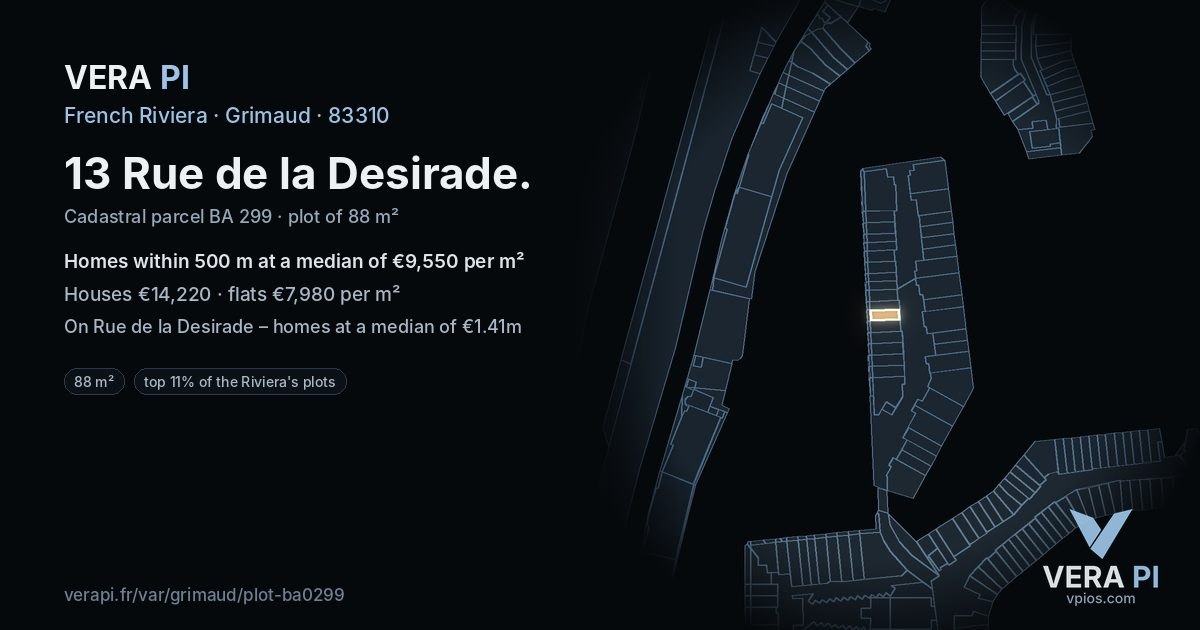 13 Rue de la Desirade, Grimaud at night – the plot lit, the parcels around coloured by the prices near them