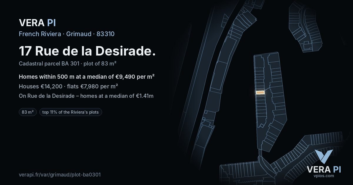 17 Rue de la Desirade, Grimaud at night – the plot lit, the parcels around coloured by the prices near them