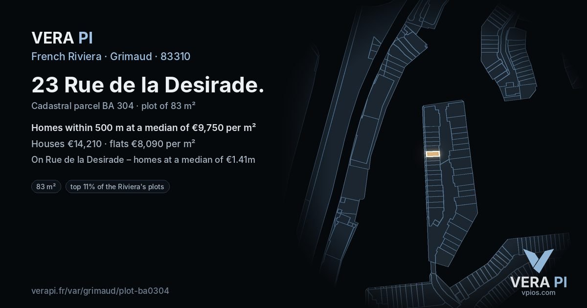 23 Rue de la Desirade, Grimaud at night – the plot lit, the parcels around coloured by the prices near them