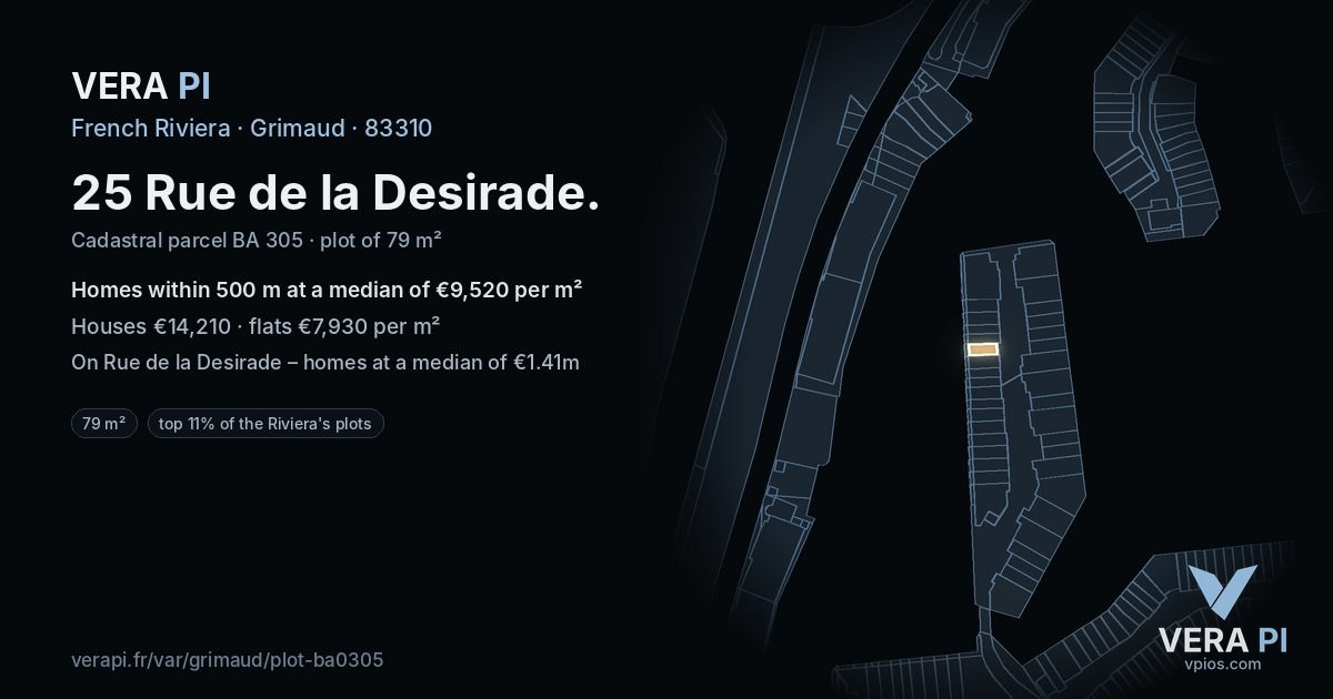 25 Rue de la Desirade, Grimaud at night – the plot lit, the parcels around coloured by the prices near them