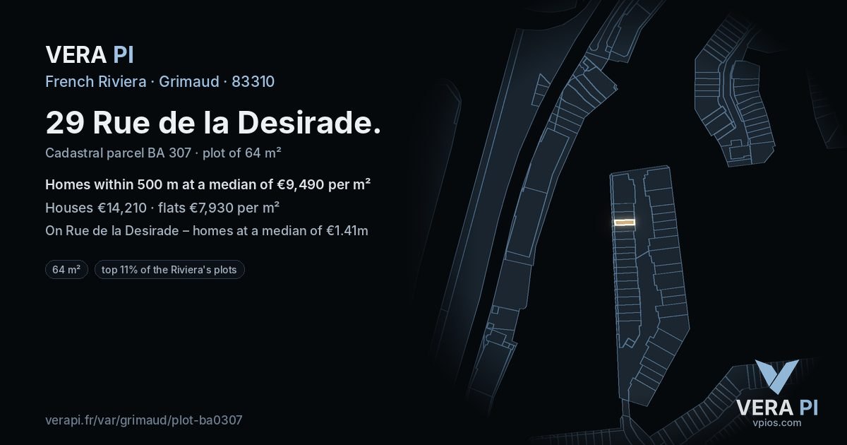 29 Rue de la Desirade, Grimaud at night – the plot lit, the parcels around coloured by the prices near them