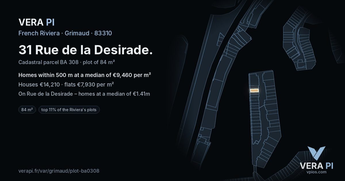 31 Rue de la Desirade, Grimaud at night – the plot lit, the parcels around coloured by the prices near them