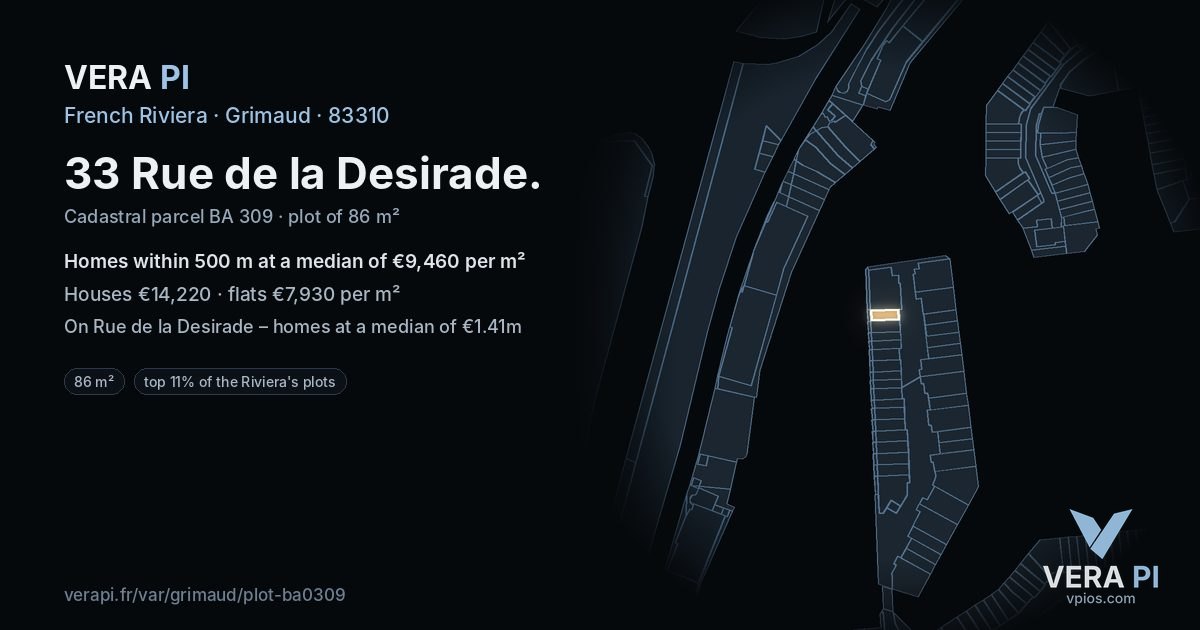 33 Rue de la Desirade, Grimaud at night – the plot lit, the parcels around coloured by the prices near them