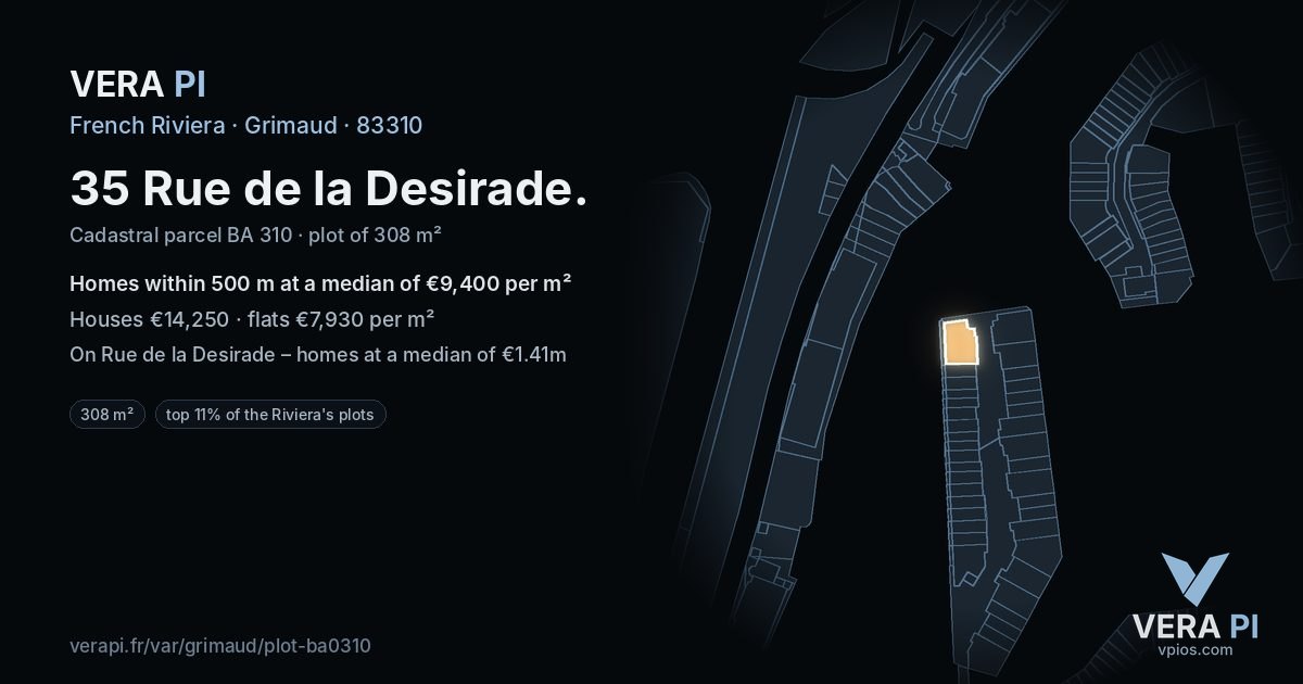 35 Rue de la Desirade, Grimaud at night – the plot lit, the parcels around coloured by the prices near them