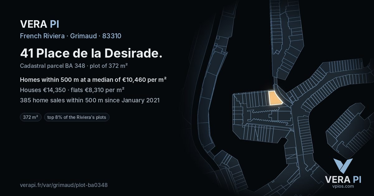 41 Place de la Desirade, Grimaud at night – the plot lit, the parcels around coloured by the prices near them