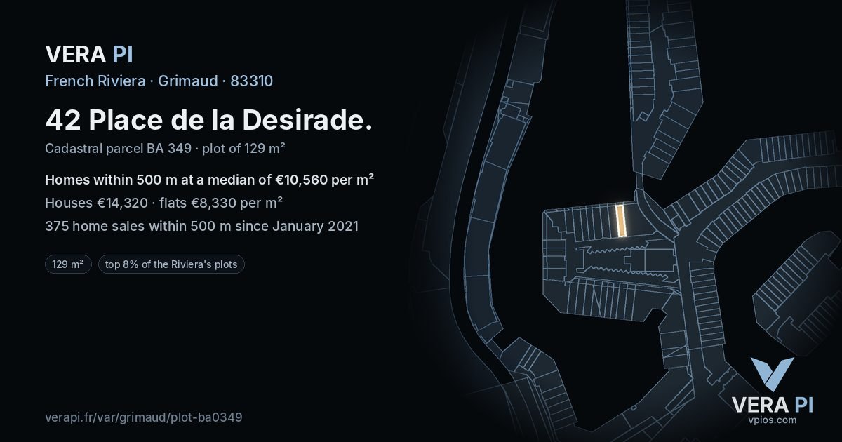 42 Place de la Desirade, Grimaud at night – the plot lit, the parcels around coloured by the prices near them