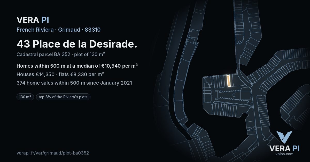 43 Place de la Desirade, Grimaud at night – the plot lit, the parcels around coloured by the prices near them