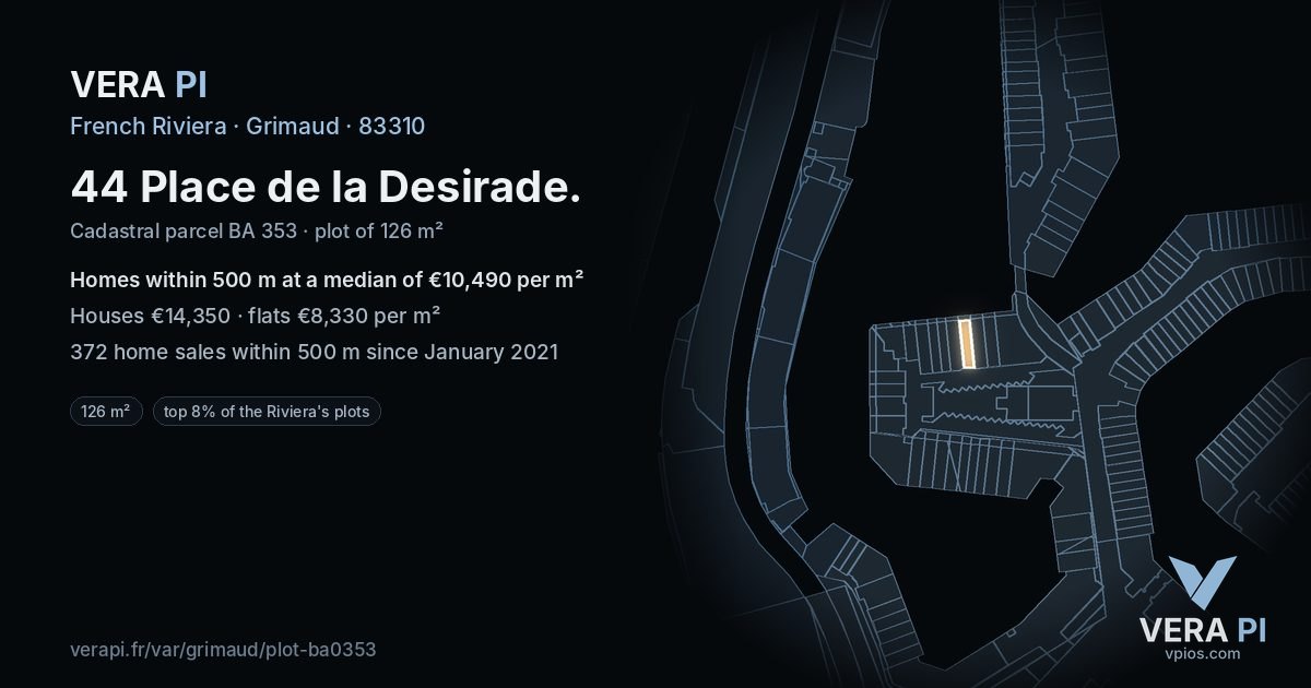 44 Place de la Desirade, Grimaud at night – the plot lit, the parcels around coloured by the prices near them