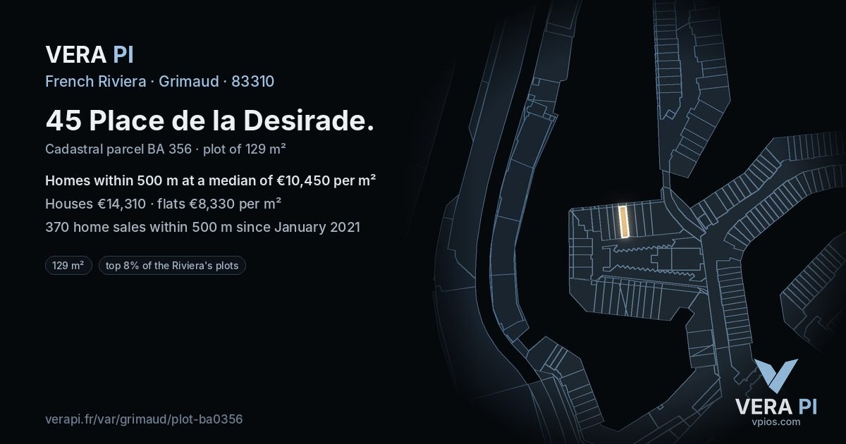 45 Place de la Desirade, Grimaud at night – the plot lit, the parcels around coloured by the prices near them