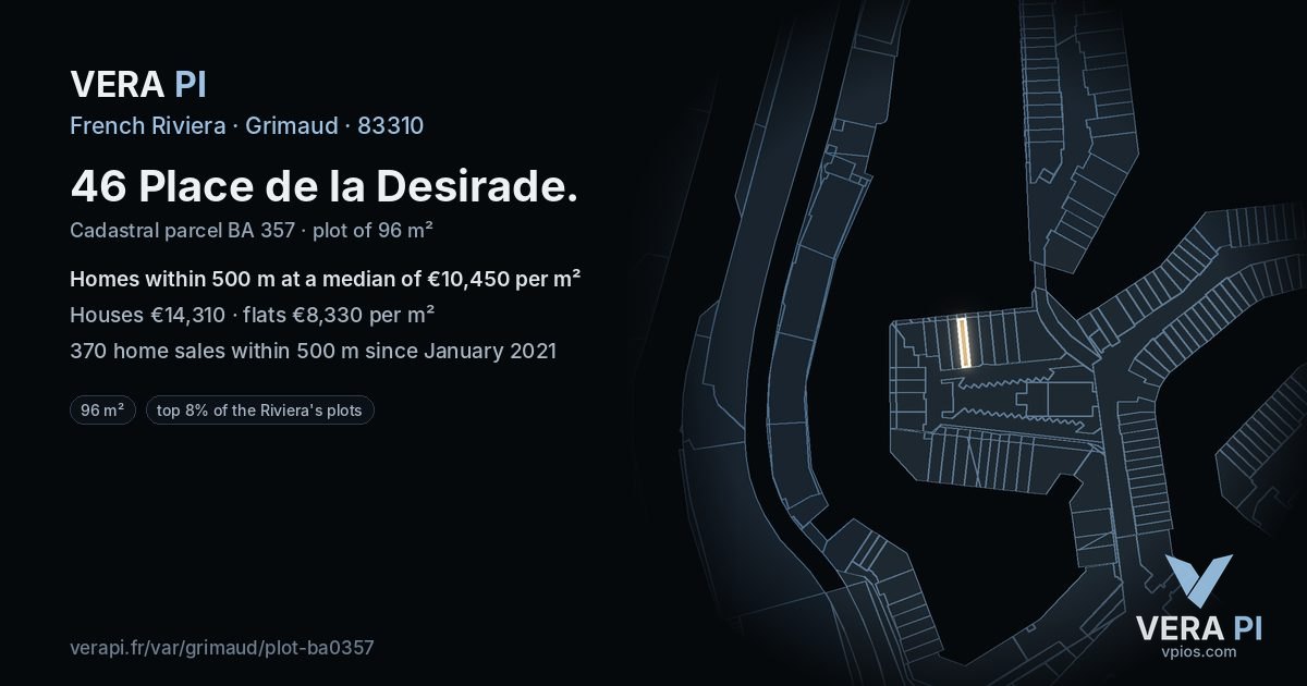 46 Place de la Desirade, Grimaud at night – the plot lit, the parcels around coloured by the prices near them