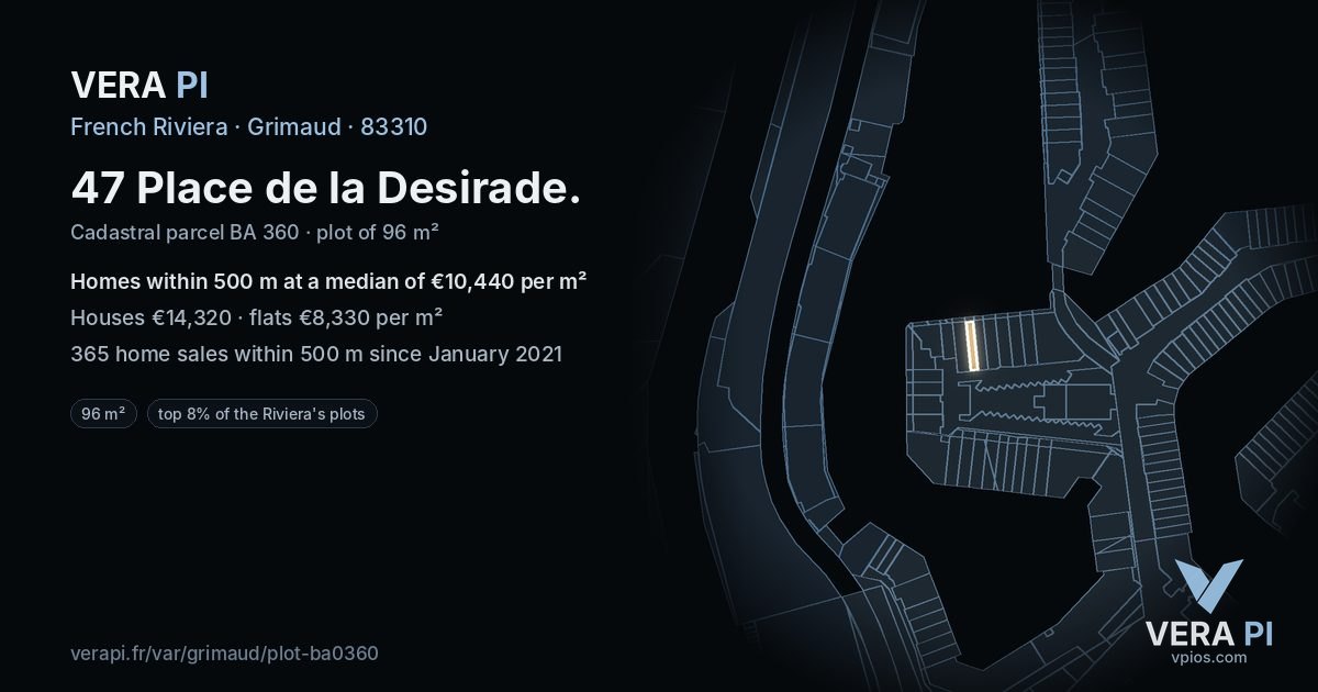 47 Place de la Desirade, Grimaud at night – the plot lit, the parcels around coloured by the prices near them