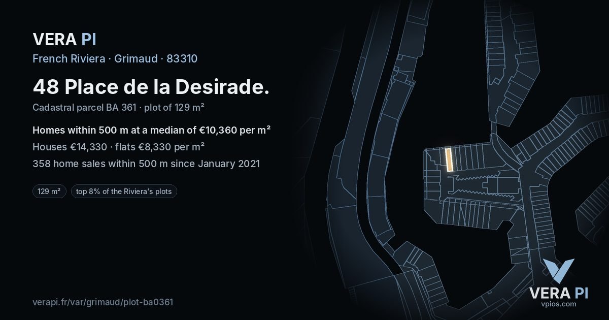 48 Place de la Desirade, Grimaud at night – the plot lit, the parcels around coloured by the prices near them