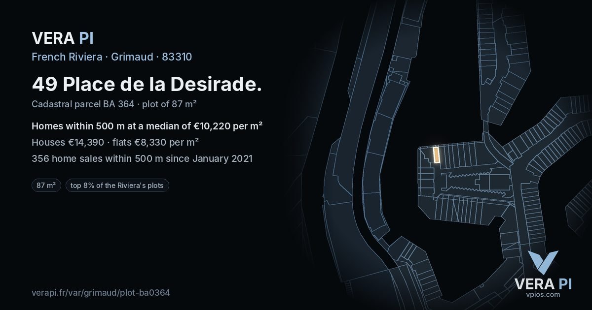49 Place de la Desirade, Grimaud at night – the plot lit, the parcels around coloured by the prices near them