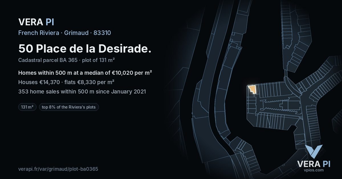 50 Place de la Desirade, Grimaud at night – the plot lit, the parcels around coloured by the prices near them