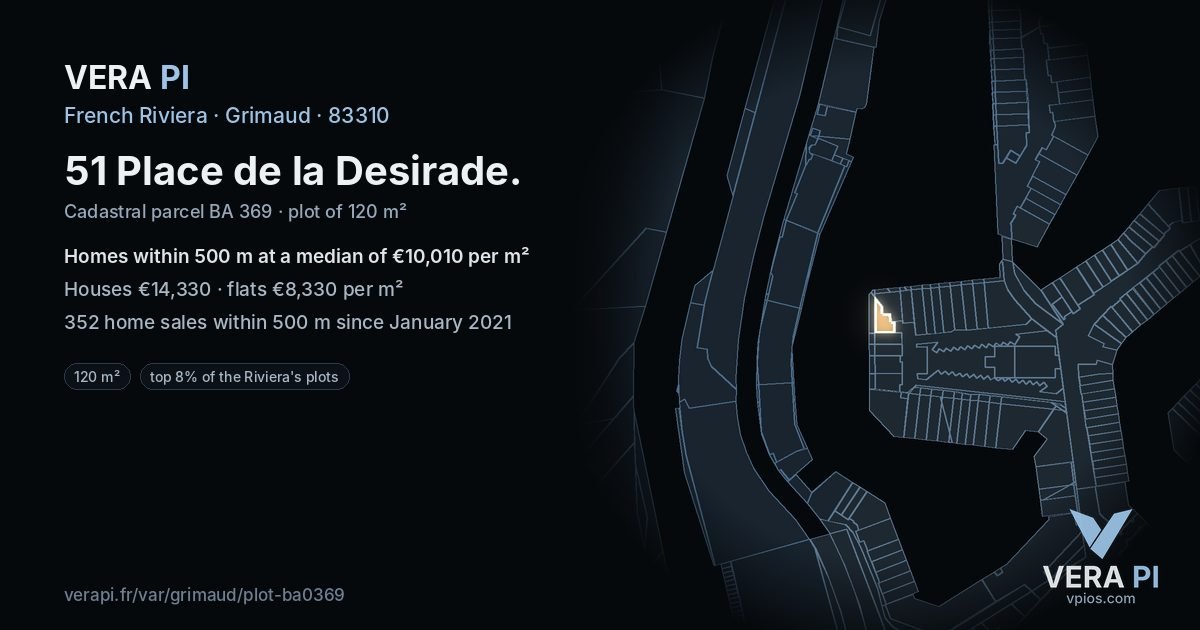 51 Place de la Desirade, Grimaud at night – the plot lit, the parcels around coloured by the prices near them