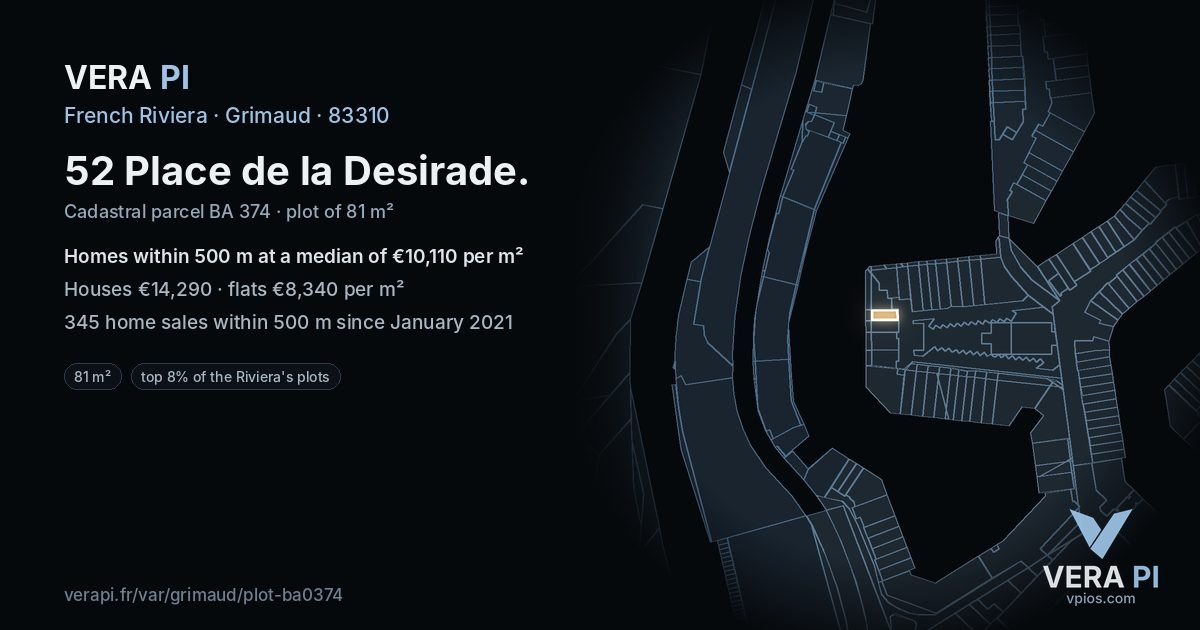 52 Place de la Desirade, Grimaud at night – the plot lit, the parcels around coloured by the prices near them