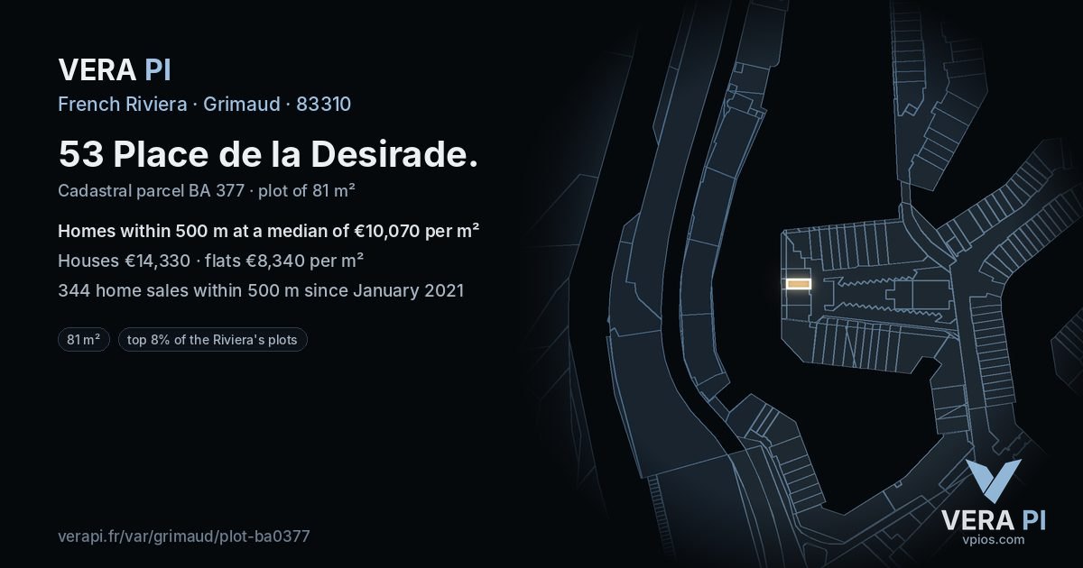 53 Place de la Desirade, Grimaud at night – the plot lit, the parcels around coloured by the prices near them