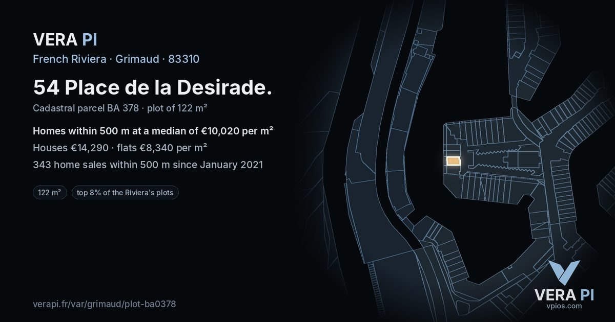 54 Place de la Desirade, Grimaud at night – the plot lit, the parcels around coloured by the prices near them