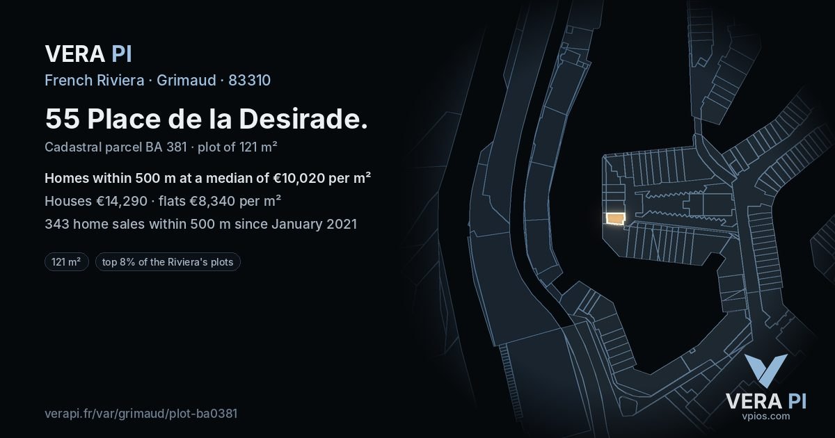 55 Place de la Desirade, Grimaud at night – the plot lit, the parcels around coloured by the prices near them