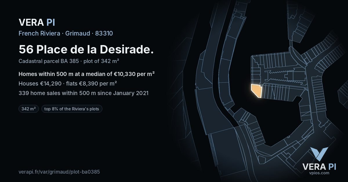 56 Place de la Desirade, Grimaud at night – the plot lit, the parcels around coloured by the prices near them
